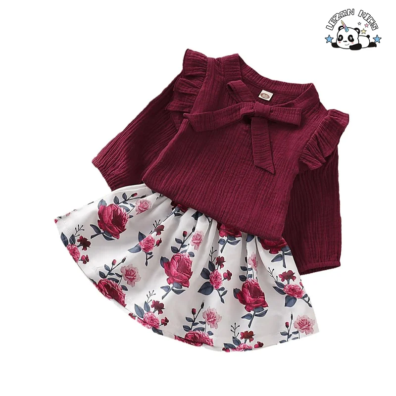 LEZONKIDS - Conjunto de duas peças personalizado para crianças com camiseta de manga longa e saia estampada para meninas em vermelho